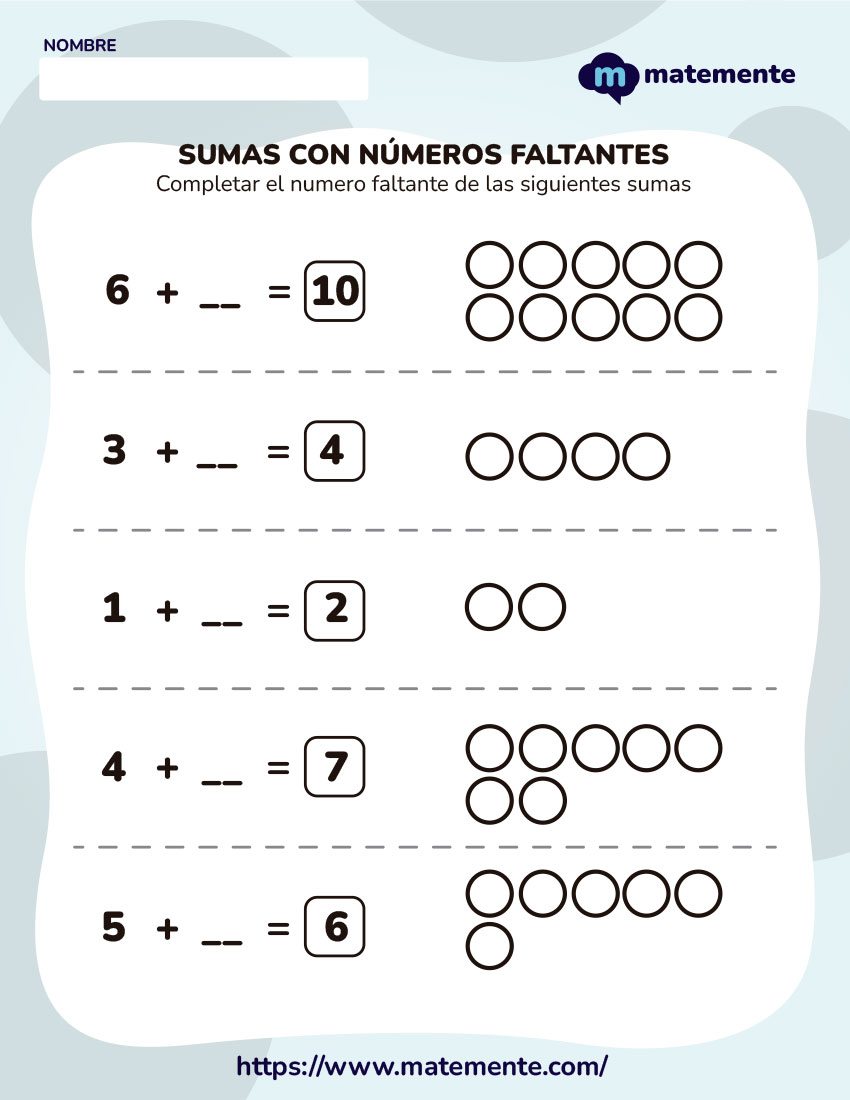 30 Ejercicios de sumas con números faltantes PDF