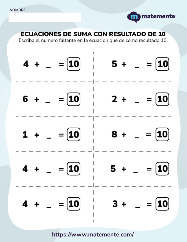 Ecuaciones de Suma con Resultado de 10 - 3
