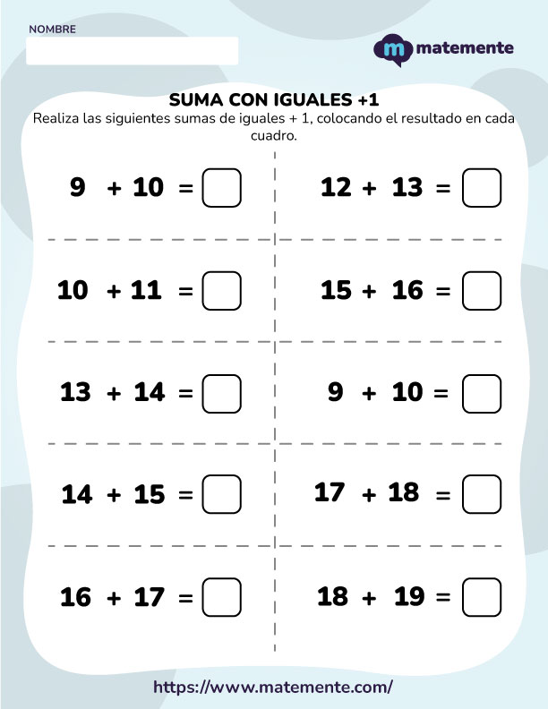 Ejercicios de suma con iguales + 1 - 2