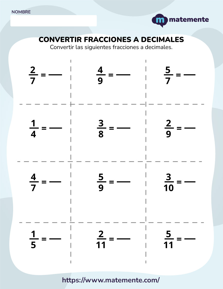 36 Ejercicios De Convertir Fracciones A Decimales